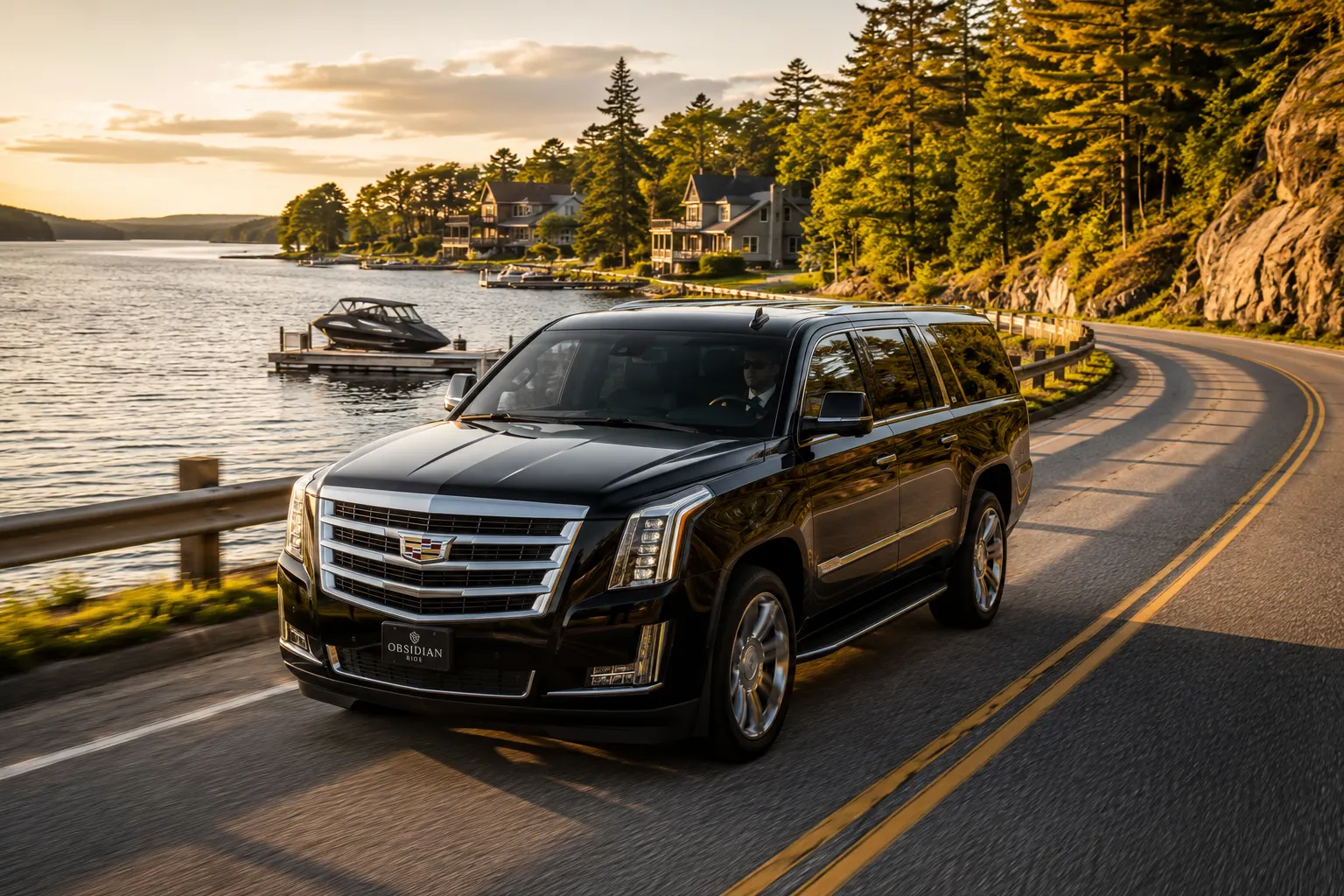 Luxury SUV chauffeuring passengers through scenic Muskoka cottage country.