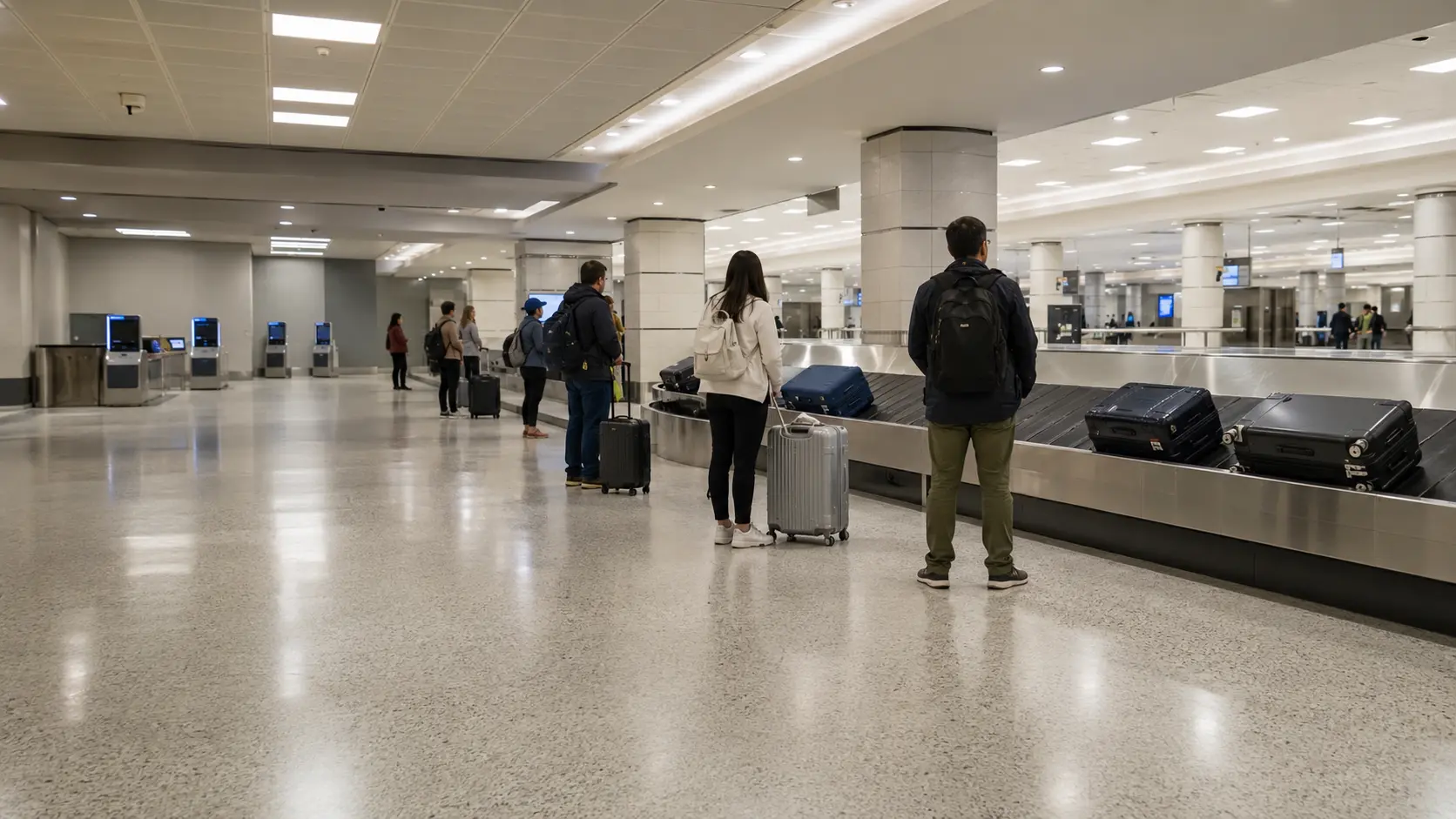 Travellers waiting at a baggage carousel in an international arrivals hall