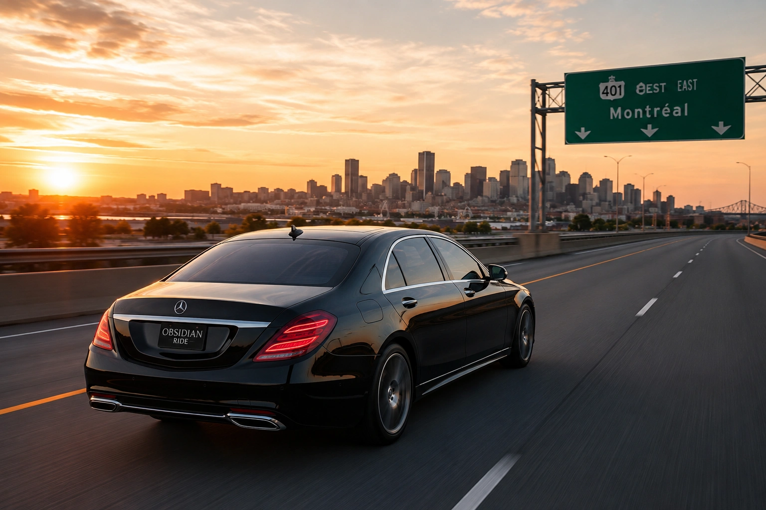 Black limousine on highway approaching downtown Montreal