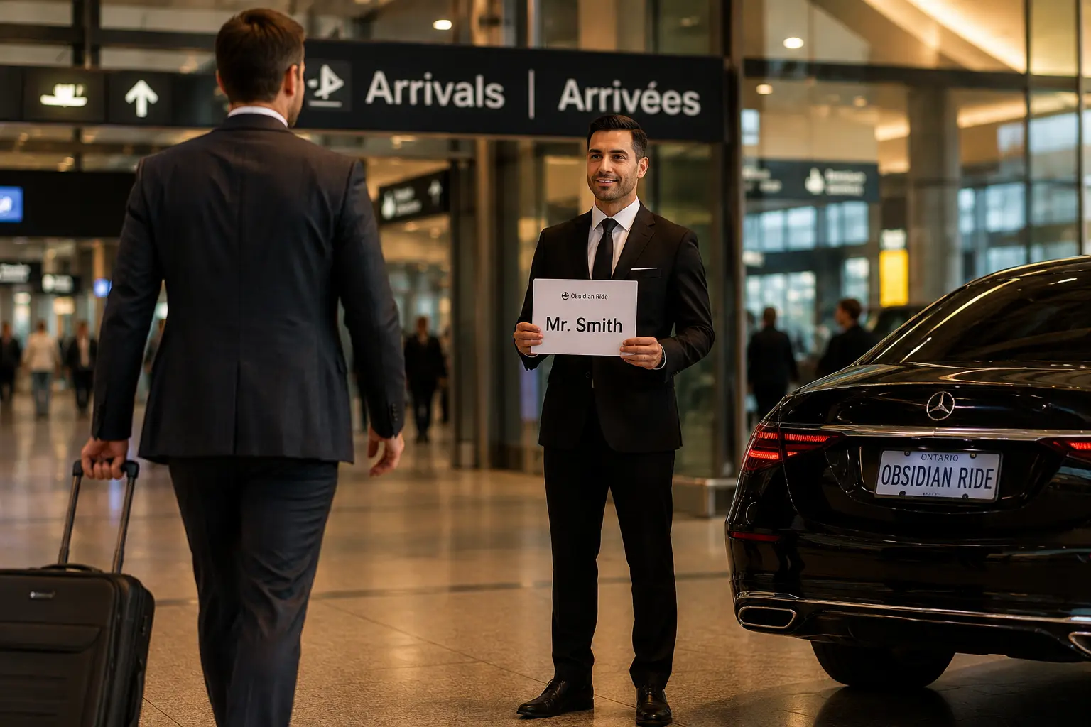 Chauffeur meeting an arriving passenger in the Toronto Pearson arrivals hall