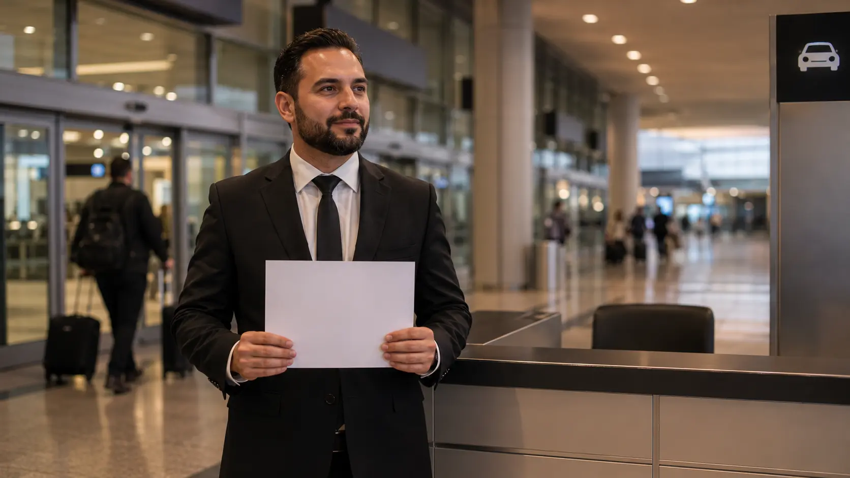 Chauffeur holding a blank name sign near a Toronto Pearson Airport pickup point