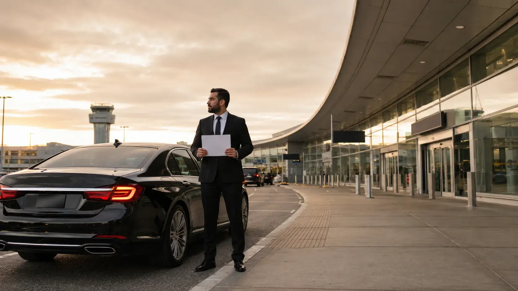 Chauffeur standing beside a black sedan at the Terminal 1 Arrivals curb at Toronto Pearson Airport