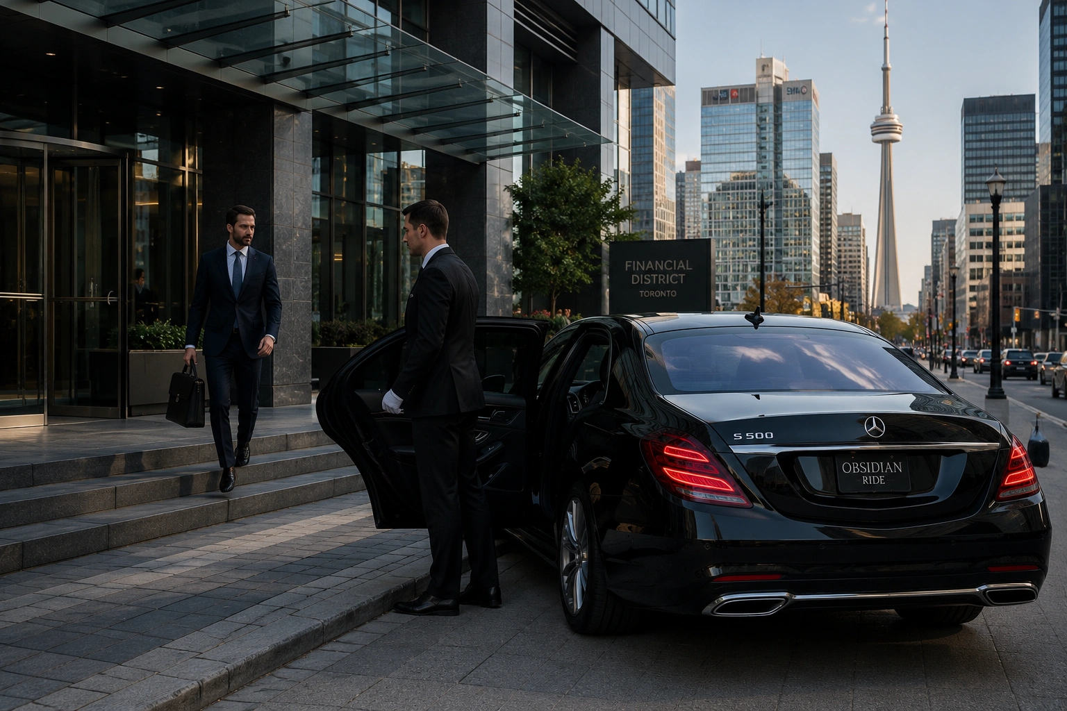 Professional chauffeur opening the rear door of a luxury black sedan in Toronto