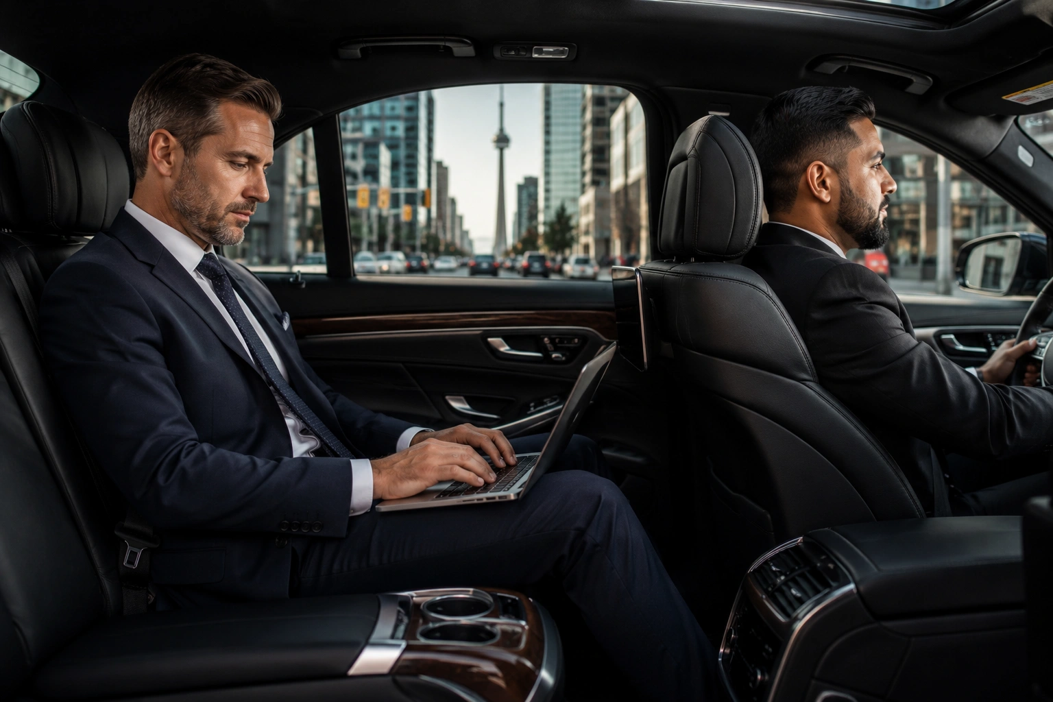 Executive working comfortably during a long-distance chauffeur journey