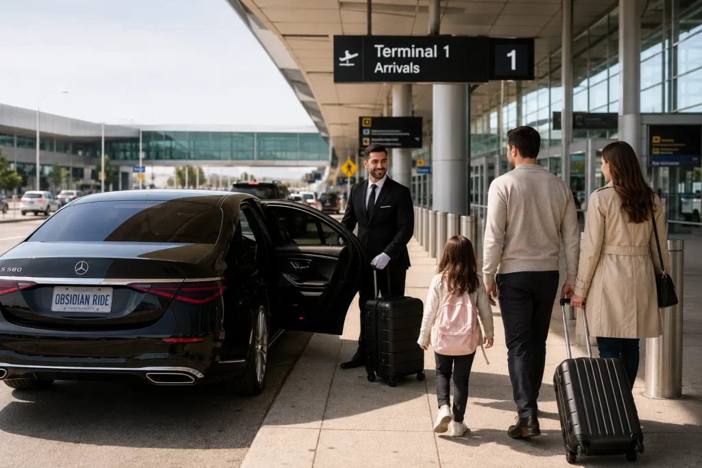 Professional chauffeur in arrivals hall holding a name sign for a passenger at Toronto Pearson, representing Obsidian Ride’s meet-and-greet airport pickup service.