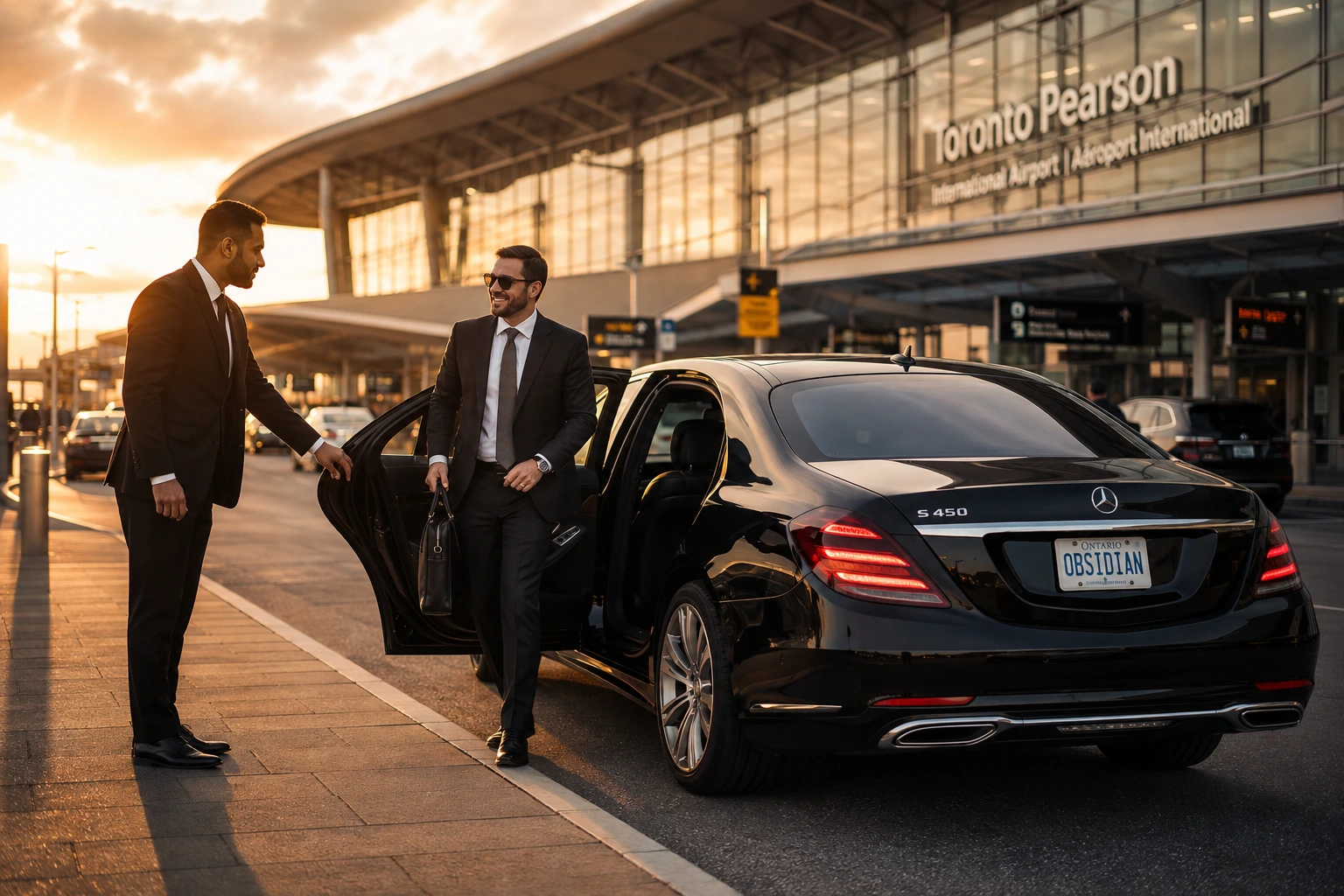 Chauffeur opening a Mercedes-Benz S-Class door for an airport transfer at Toronto Pearson