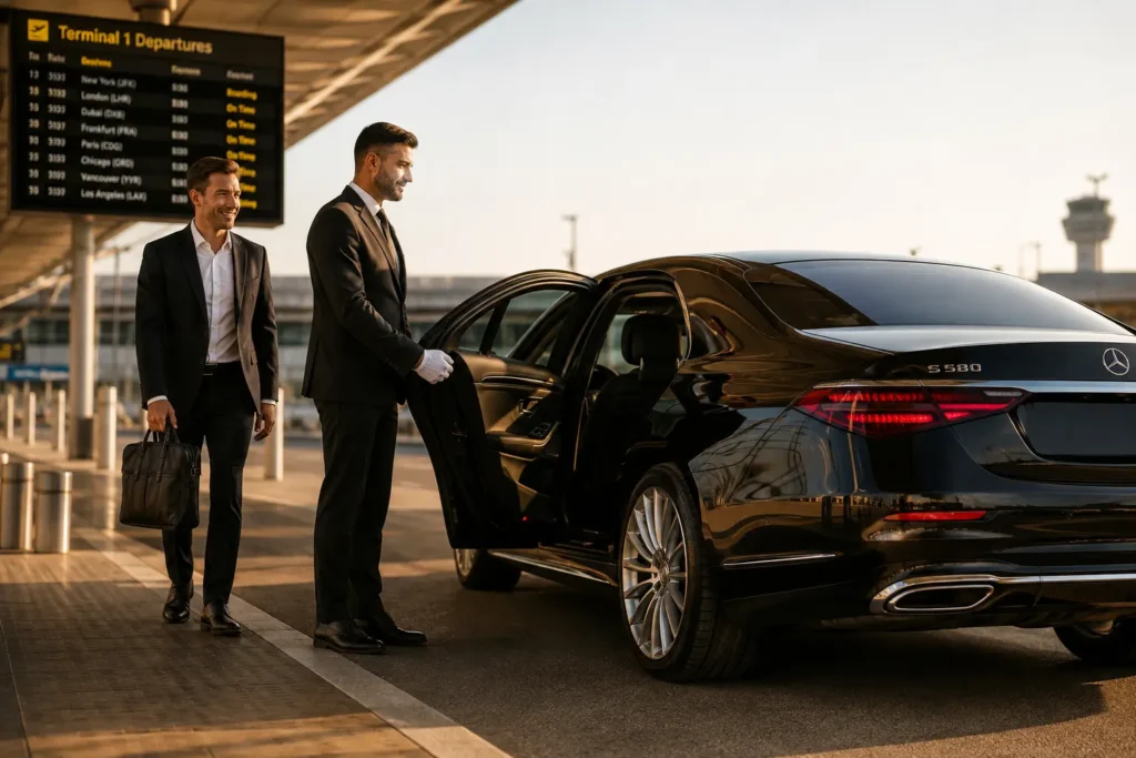 Professional chauffeur welcoming a passenger beside a luxury black sedan at Toronto Pearson Airport, demonstrating reliable airport transportation and premium chauffeur service.