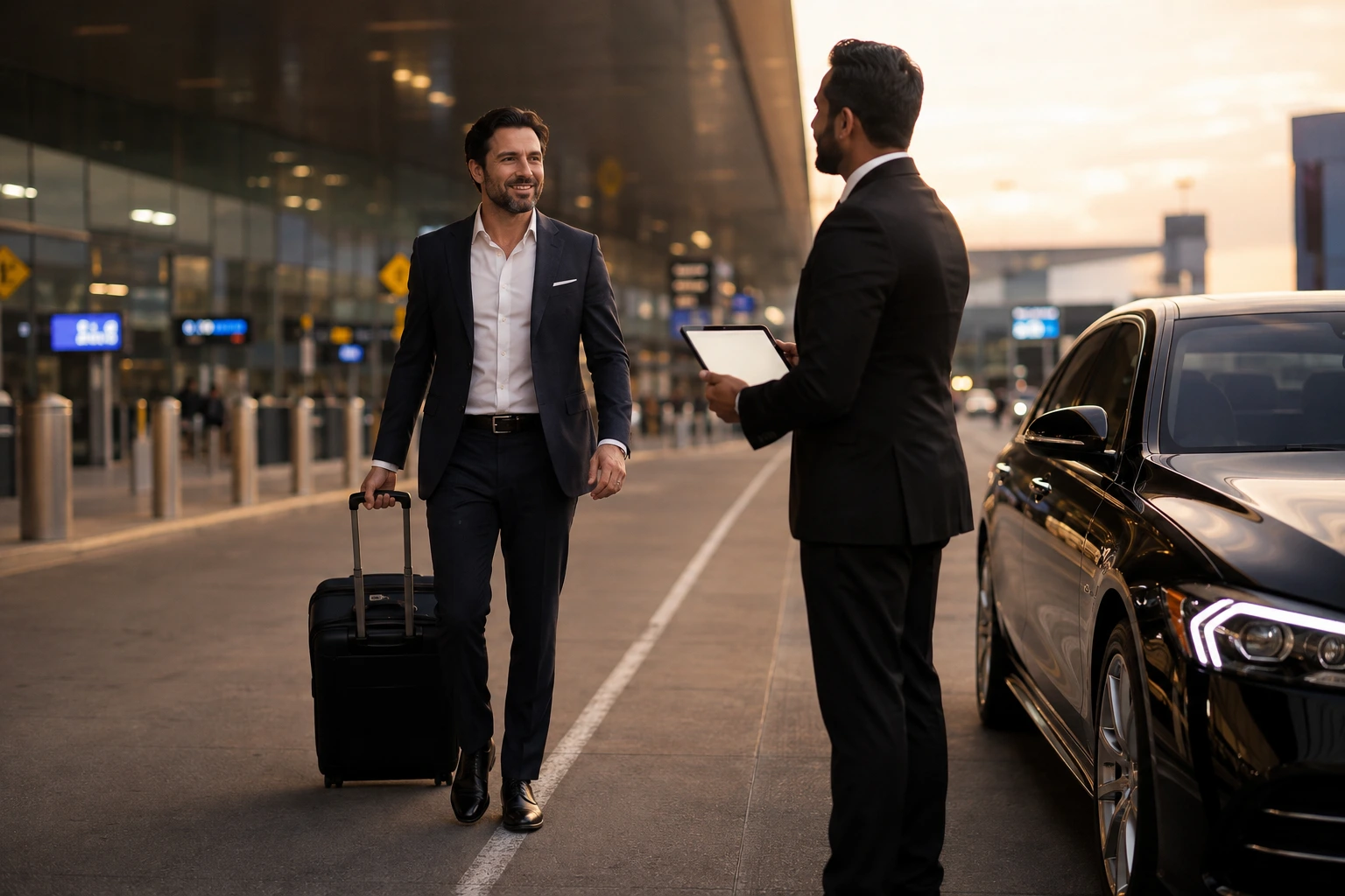 Professional airport chauffeur greeting passenger at Toronto Pearson Airport