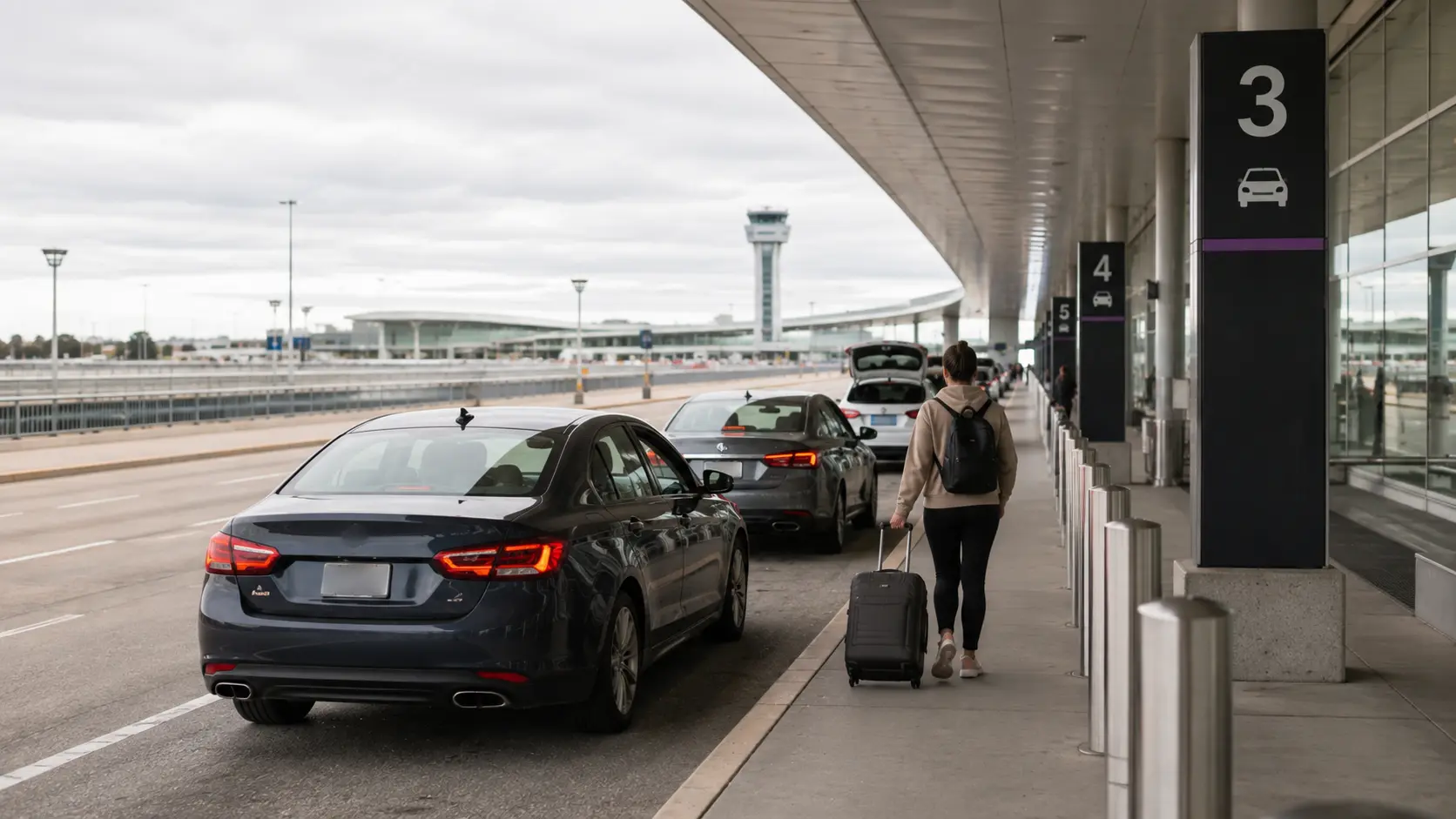 Traveller with a suitcase approaching a car at a numbered rideshare pickup zone