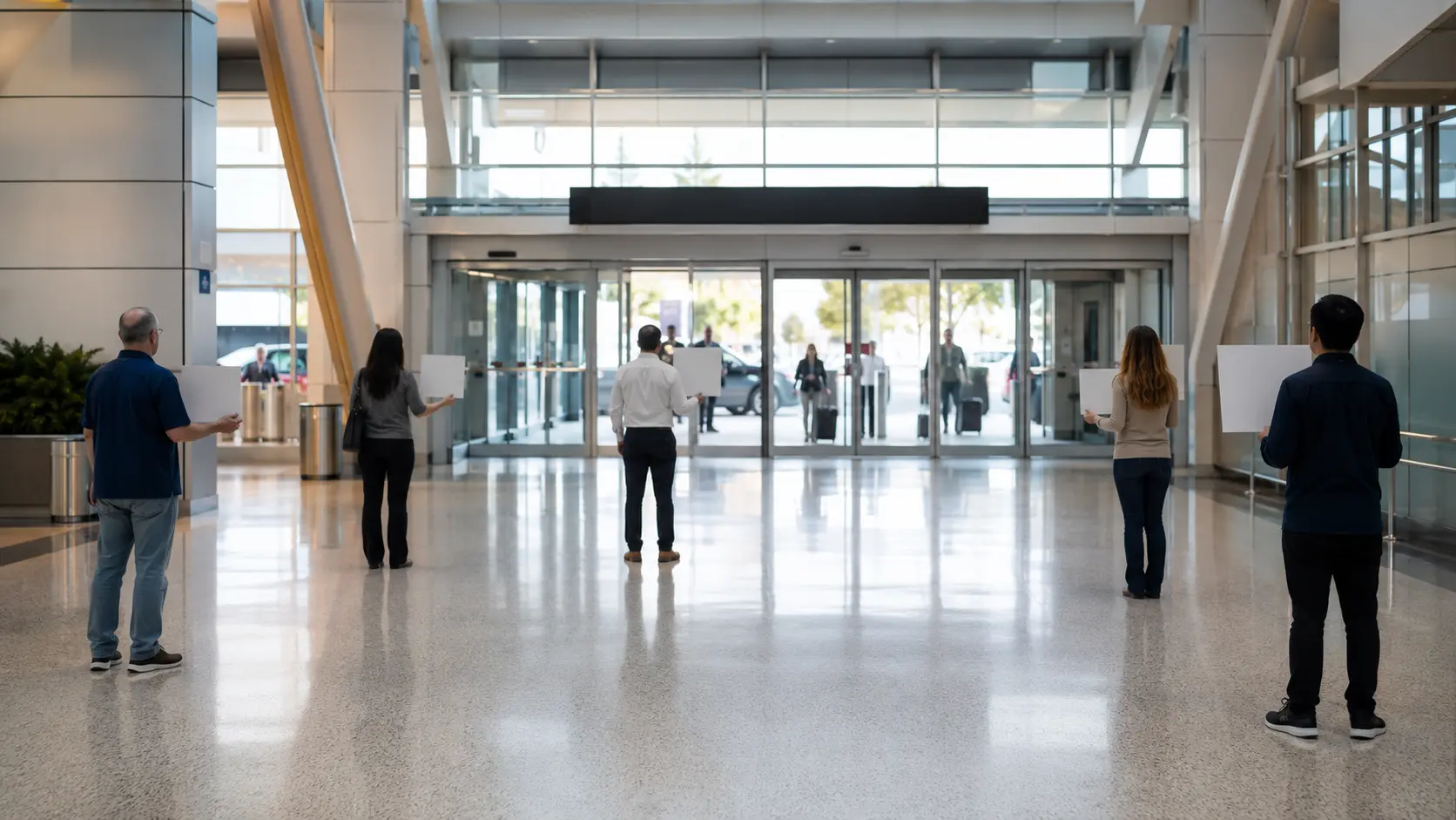 Greeters waiting near the arrivals exit doors inside Toronto Pearson Terminal 1