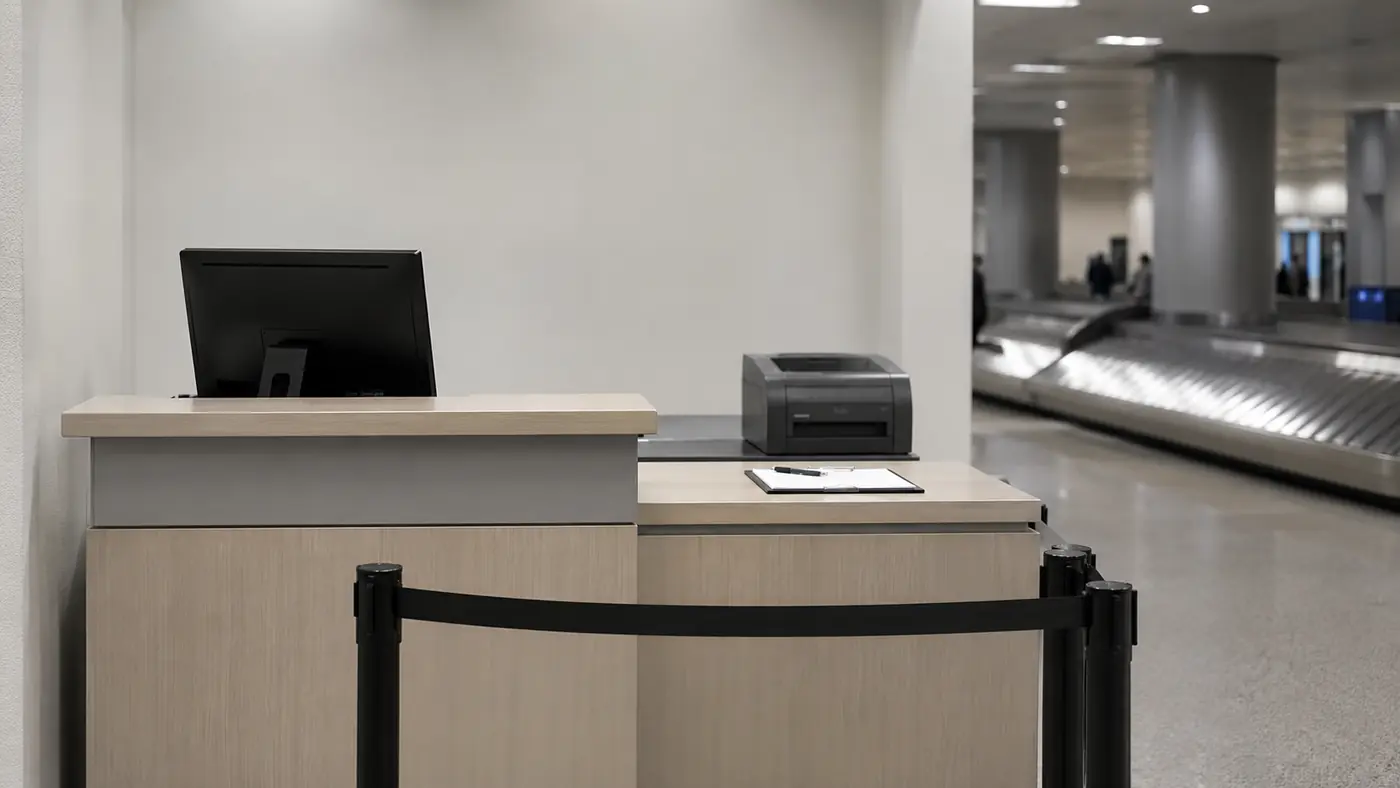 Service counter with a computer terminal and queue barriers in an airport arrivals hall