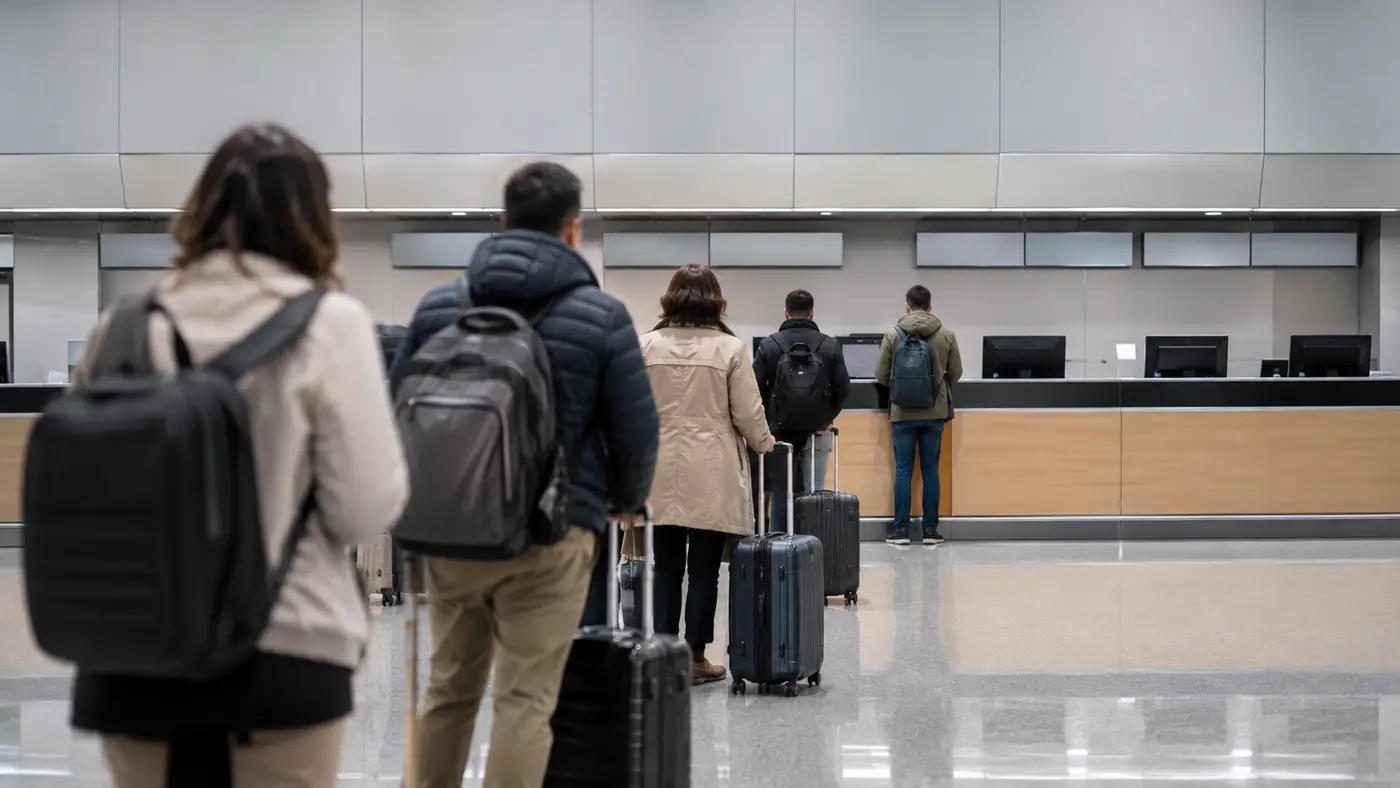 Line of travellers with hand luggage waiting at an airline service counter in a terminal
