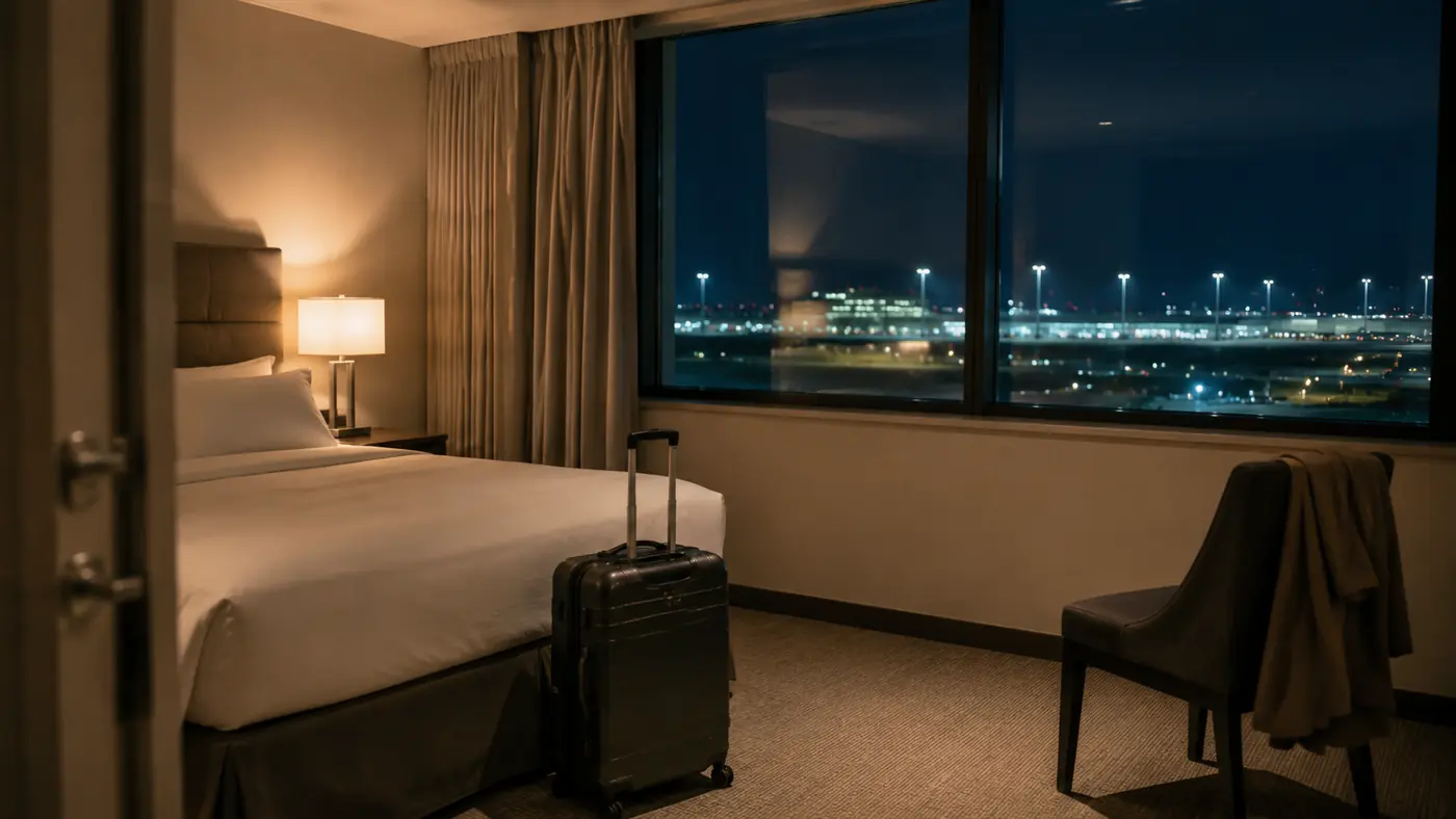 Cabin suitcase standing beside a made bed in a quiet hotel room at night with airport lights visible outside