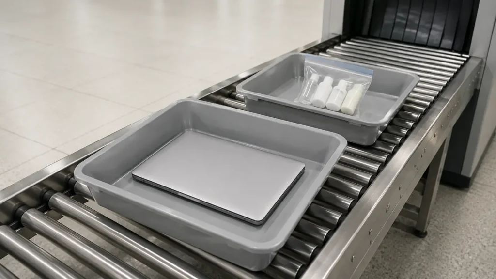 Screening bins on a conveyor holding a laptop and a clear liquids bag, showing what to take out at airport security in Canada