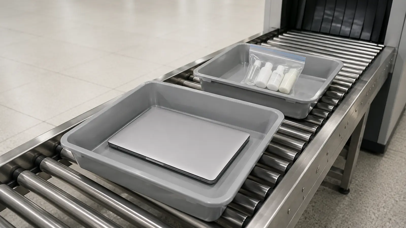 Screening bins on a conveyor holding a laptop and a clear liquids bag, showing what to take out at airport security in Canada