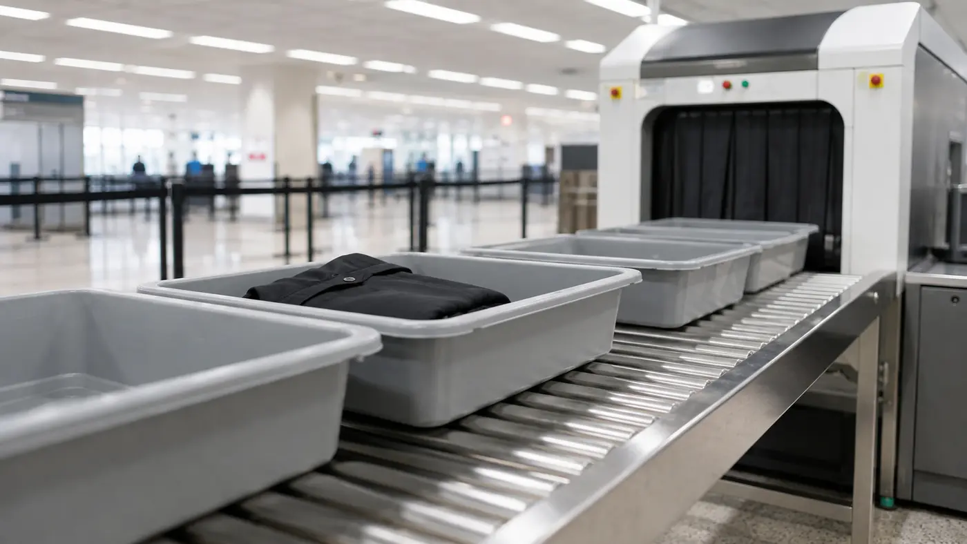 Row of grey plastic bins moving along a conveyor toward a large scanner at an airport security checkpoint