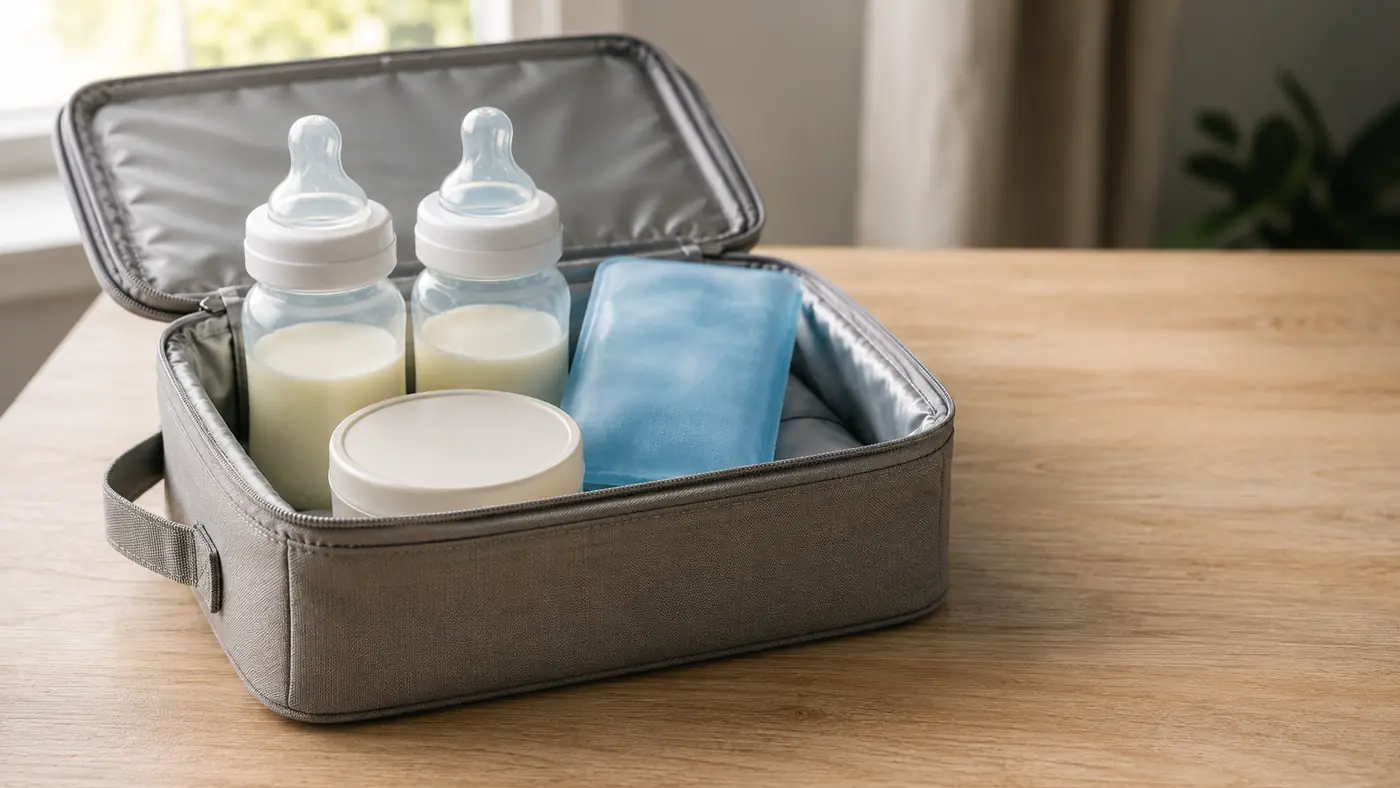 Two baby bottles, a formula container and a soft gel cooling pack arranged in an insulated travel bag