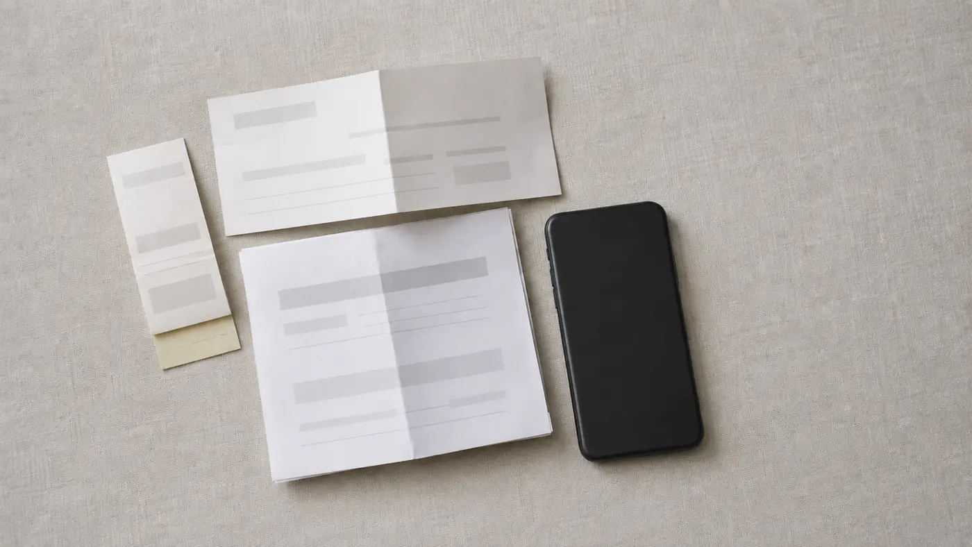Adhesive baggage tag stub, a boarding pass and a folded printed form arranged on a table