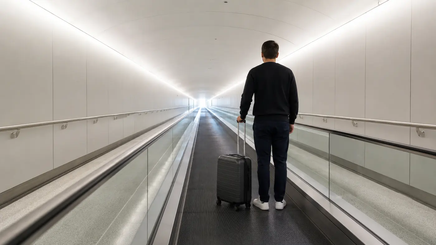 Traveller with a carry-on bag on a moving walkway inside a brightly lit underground pedestrian tunnel