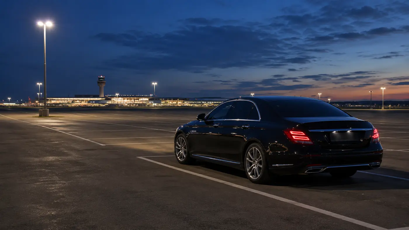 Black sedan parked and waiting in a lit airport holding lot at dusk with the terminal in the distance
