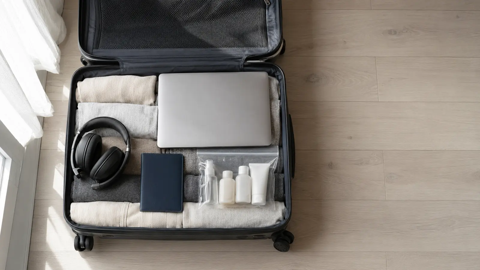 Open carry-on bag packed according to Canada carry-on rules, with a clear one-litre liquids bag, laptop and folded clothing