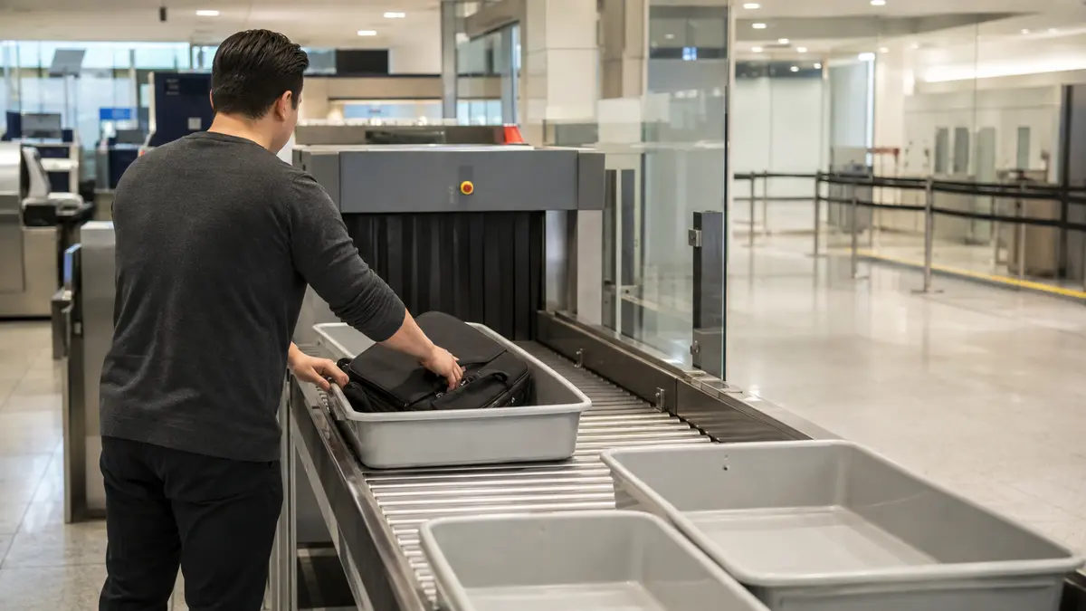 Traveller placing belongings into a tray at a security screening lane
