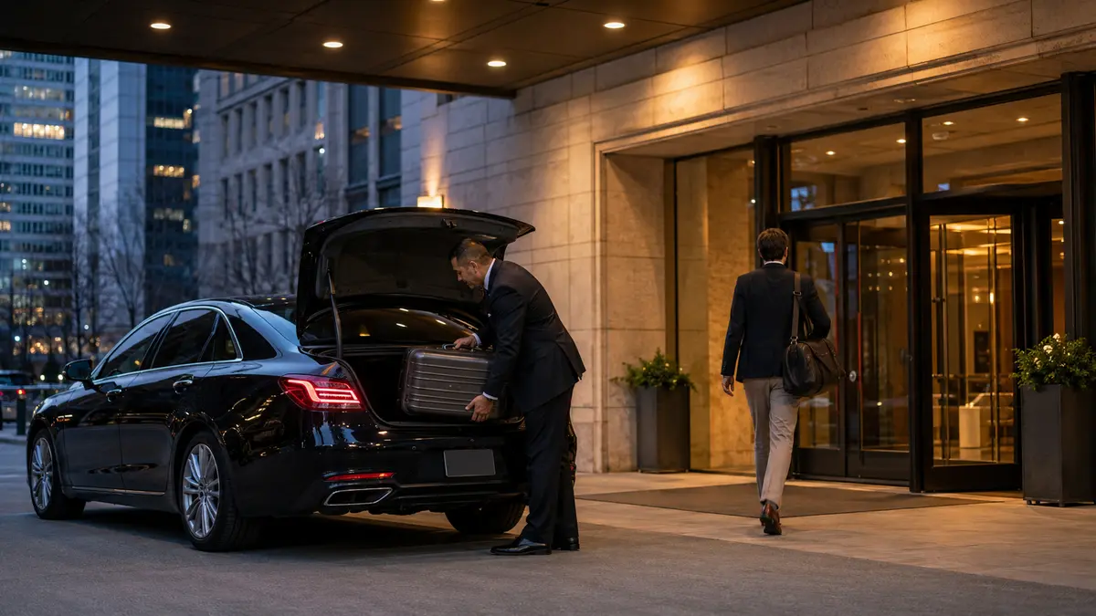 Chauffeur lifting a suitcase from a sedan boot at a hotel entrance at dusk