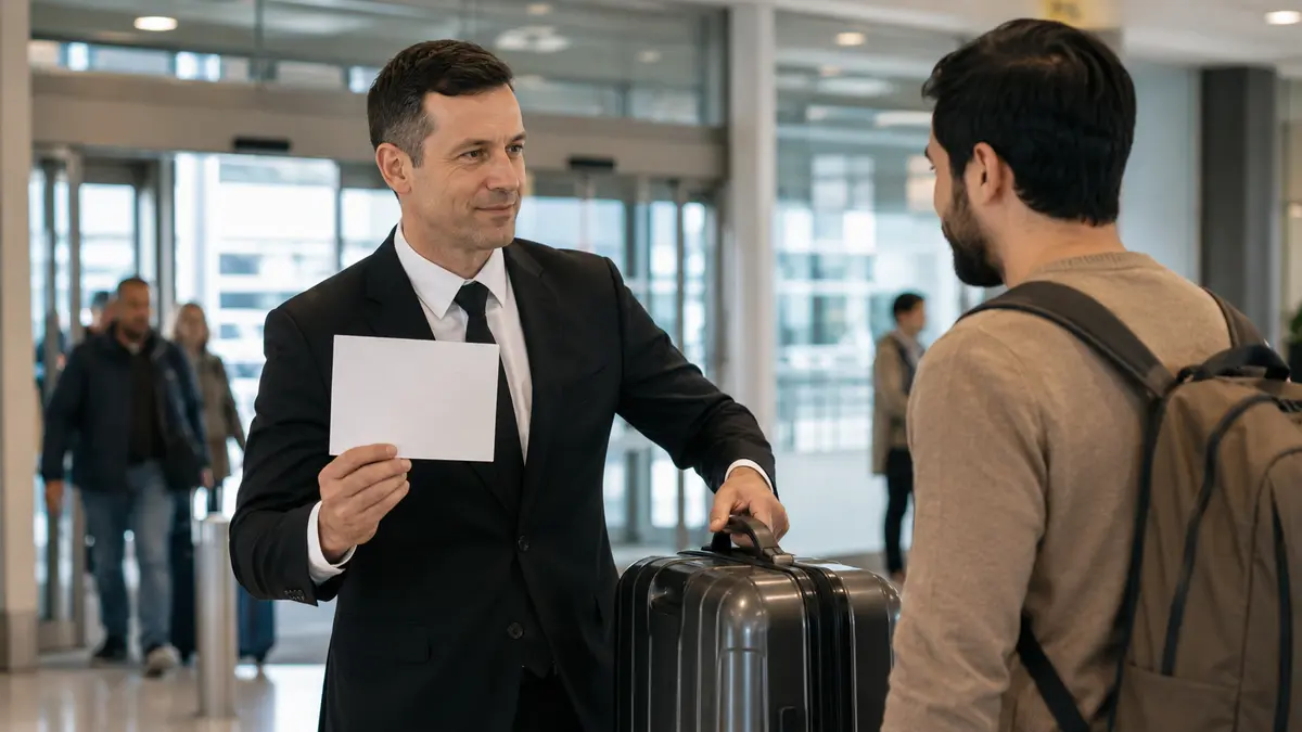Chauffeur holding a blank name card while lifting a traveller's suitcase in an arrivals area