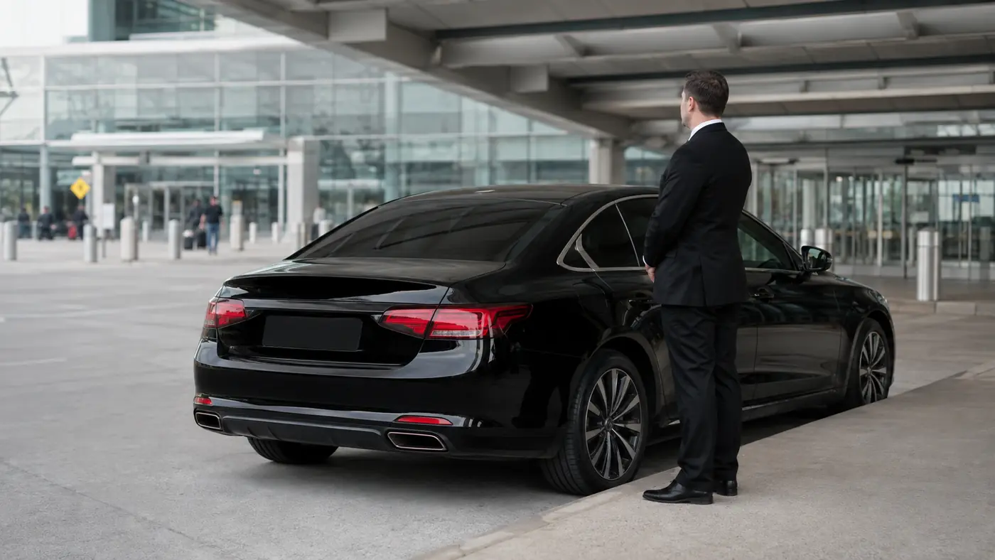 Chauffeur in a dark suit standing beside a black sedan at an airport arrivals curb, waiting