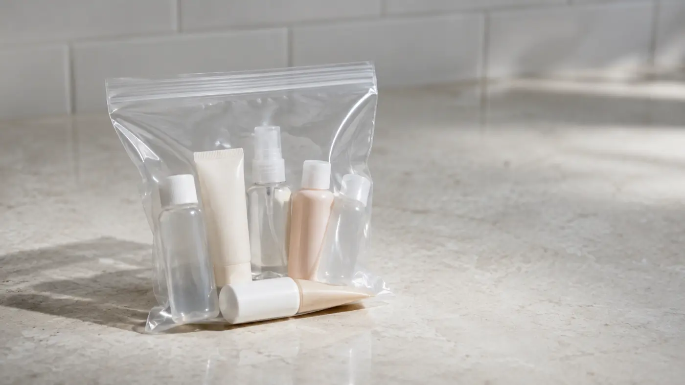 Clear resealable plastic bag holding several small toiletry bottles on a light countertop