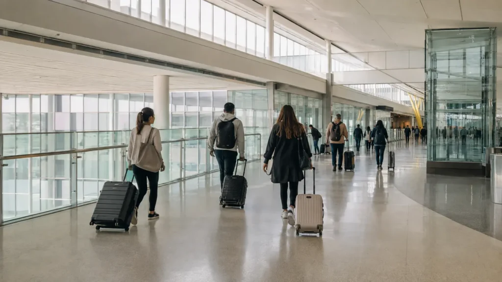 Travellers with carry-on bags walking through a connections corridor for connecting flights at Pearson Airport Terminal 1