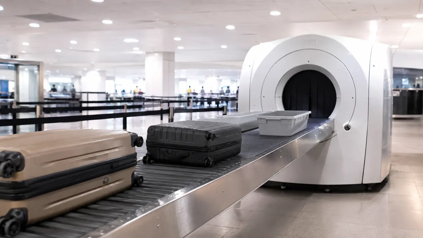 Large white cylindrical scanner at the end of a conveyor with carry-on bags approaching it
