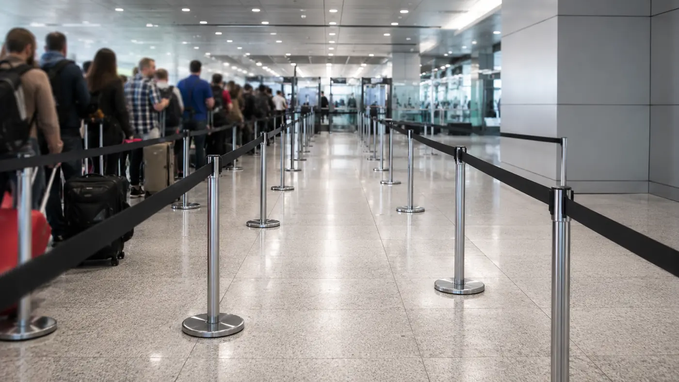 Empty dedicated screening lane marked off by retractable barriers beside a longer general queue
