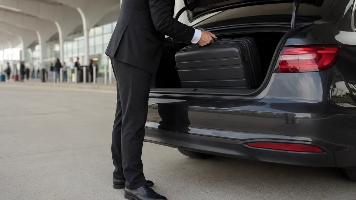 Suitcase lifted from the boot of a dark sedan at an airport departures curb on a bright morning
