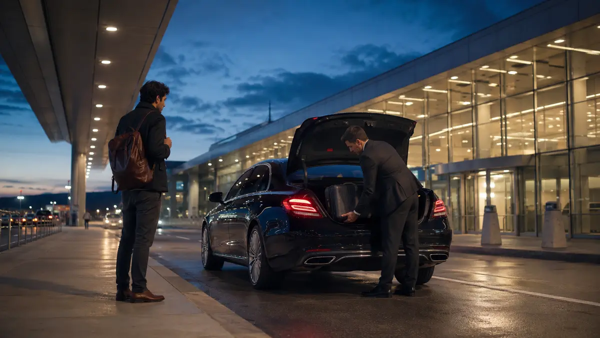 Chauffeur unloading luggage from a sedan at a terminal curb before dawn
