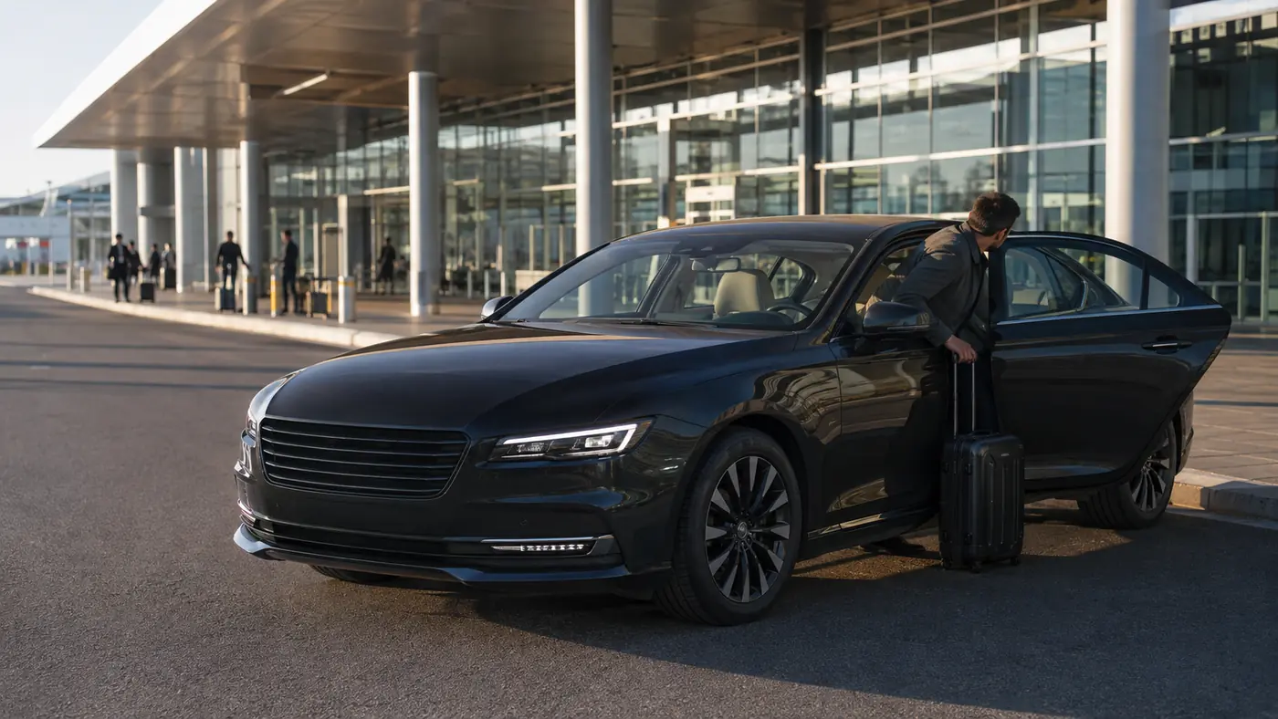 Dark sedan stopped at an airport departures curb in early morning light with a traveller stepping out