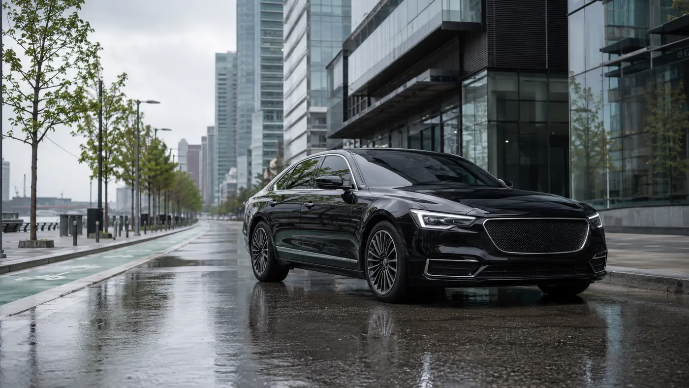 Black executive sedan waiting on a downtown Toronto waterfront street with office towers behind