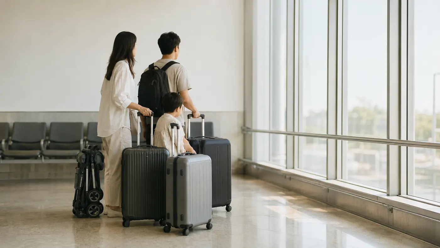 Two adults and a young child with several suitcases and a folded stroller waiting in an airport arrivals area