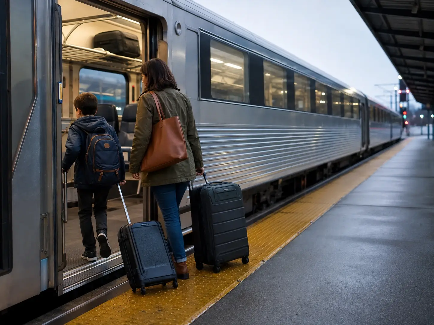 Parent and child boarding a train car with a wheeled carry-on and one suitcase