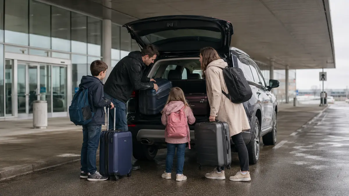 Family with several suitcases loading into an SUV at an airport curb