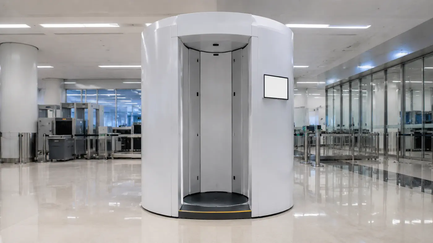 White walk-through scanner portal standing empty at an airport security checkpoint