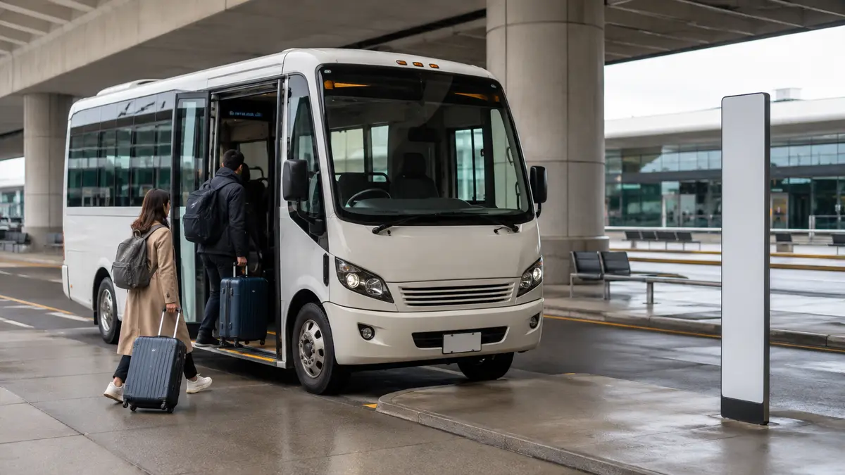 Travellers boarding a hotel shuttle minibus at a covered airport arrivals curb