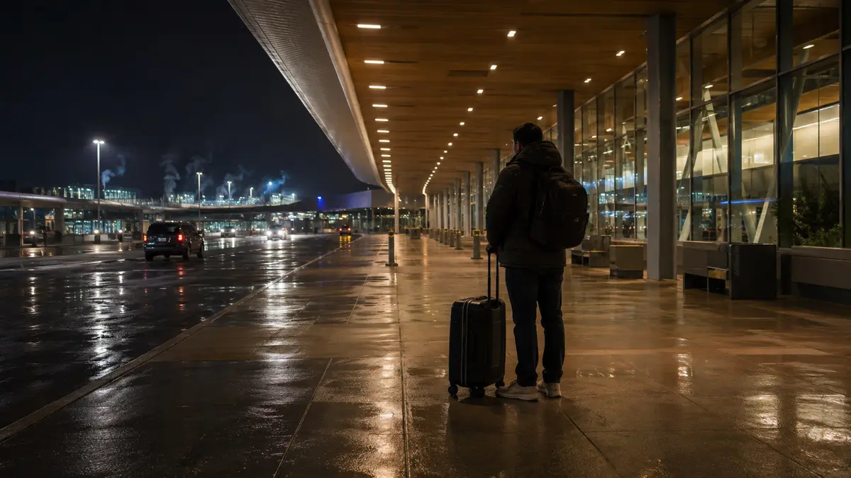 Traveller waiting alone with a suitcase at a quiet airport curb at night