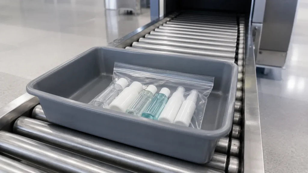 Clear one-litre bag of travel toiletries sitting in a grey screening bin, illustrating the 100 ml liquid rule Canada applies at airport security