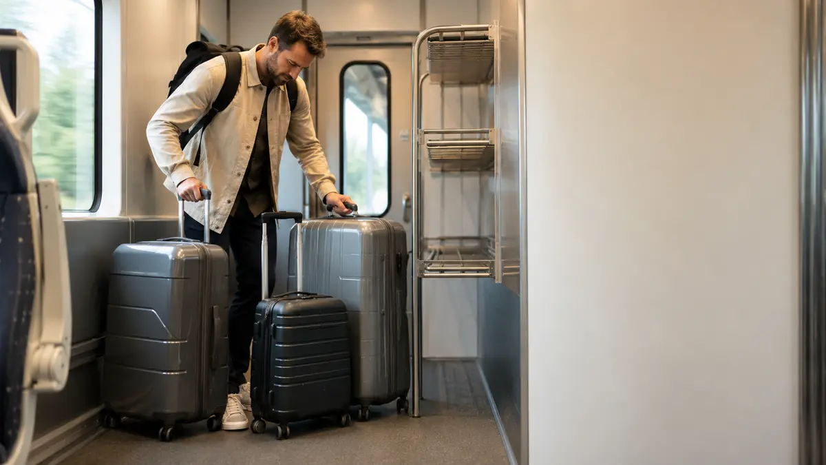 Traveller handling two large suitcases and a carry-on in a train carriage