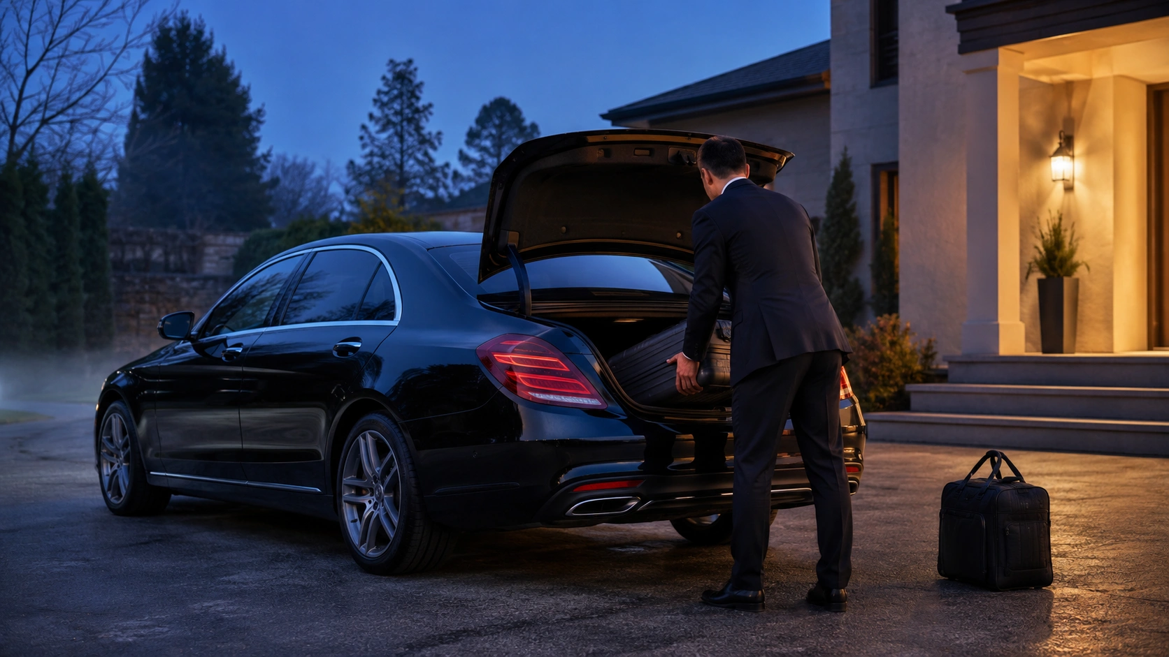 Chauffeur loading a suitcase into a black sedan on a residential Toronto driveway before dawn