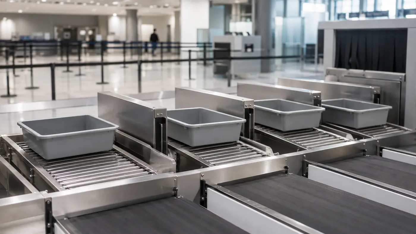 Row of side-by-side bin-loading stations at a modern airport security checkpoint with empty grey bins