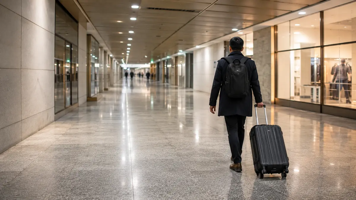Traveller pulling a suitcase through an underground pedestrian concourse in downtown Toronto
