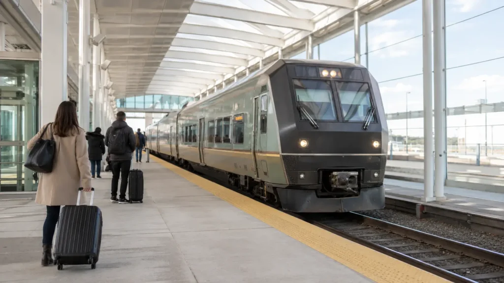 Travellers waiting on a train platform with luggage at Toronto Pearson Airport