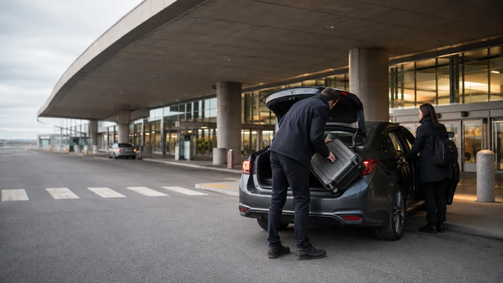 Driver loading a suitcase into a car at the Toronto Pearson Terminal 1 arrivals curb during a Pearson Airport pickup